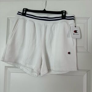 Champion White Athletic Shorts with Navy-Striped Waistband